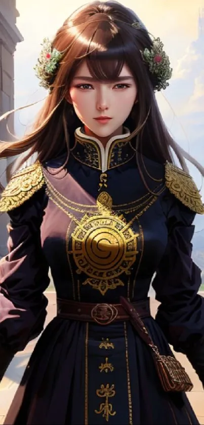 Elegant fantasy female character in a detailed costume against a dreamy landscape.