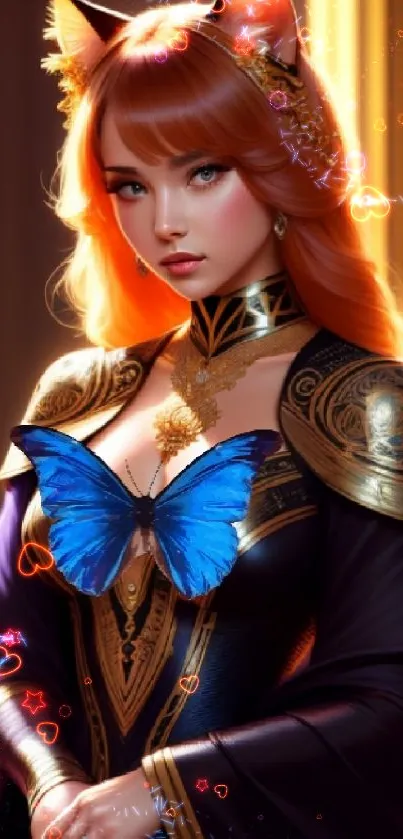 Elegant fantasy character with cat ears and a blue butterfly on her chest.