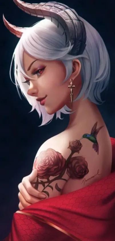 Elegant fantasy character with horns and tattoo illustration.