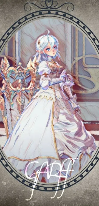 Elegant artwork of a fantasy character wearing a white dress, framed in an ornate design.