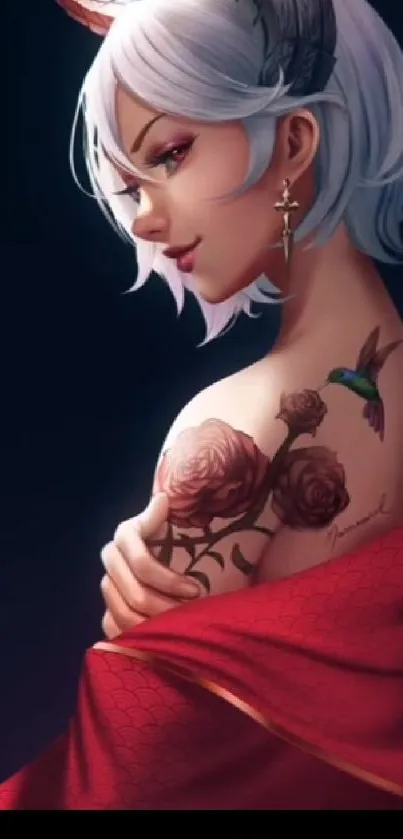 Fantasy character with white hair and tattoos in vibrant red and indigo hues.