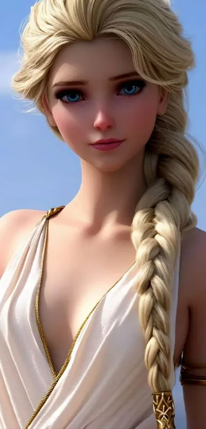 Elegant fantasy character with braided hair and sky background. Perfect for mobile.