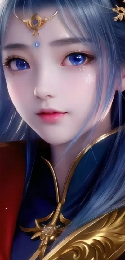 Elegant fantasy character with blue hair and vibrant colors, perfect for mobile wallpaper.