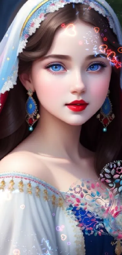 Elegant female fantasy character with vibrant colors and intricate details.