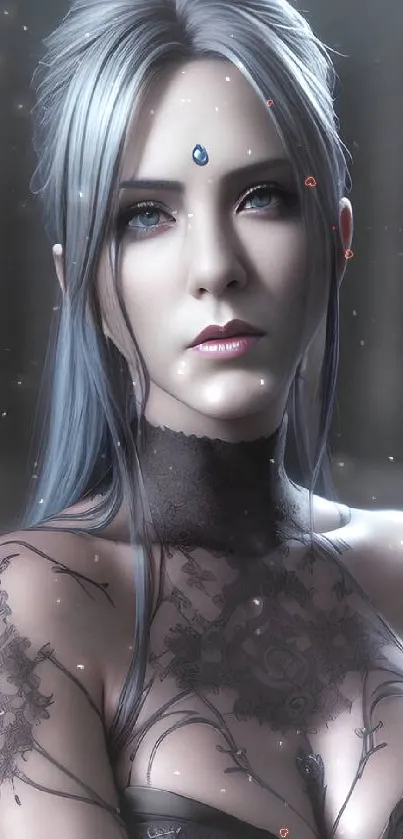 Elegant fantasy character with tattoos and a blue gem, set in a dark theme.