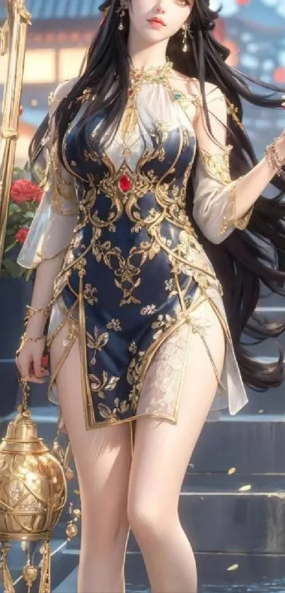 Elegant fantasy character with ornate gold outfit.