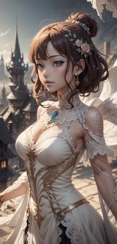 Elegant fantasy character with intricate design in a scenic background.