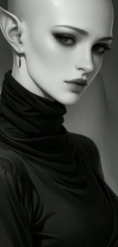 Elegant grayscale artwork of a fantasy character in a draped outfit.