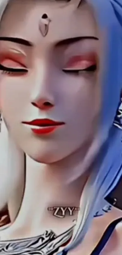 Elegant fantasy character portrait with closed eyes, serene expression.