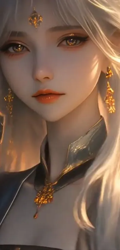 Elegant fantasy character portrait with golden details and white hair.