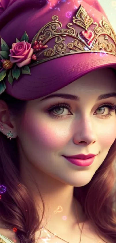 Fantasy character with pink hat and floral details in vibrant colors.