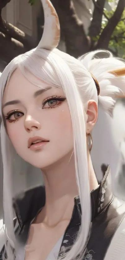 Fantasy character with white hair and horns in a serene setting.