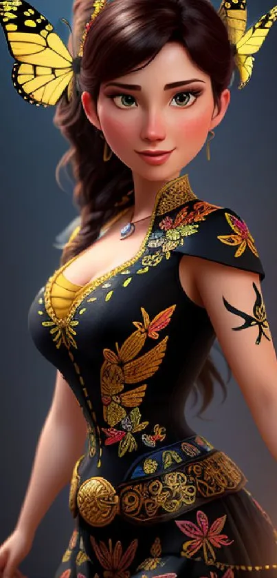 Fantasy character with butterflies and floral patterns on dark background.