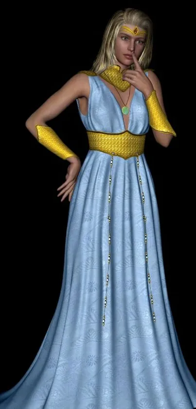 Fantasy character in blue gown with gold accents on black background.