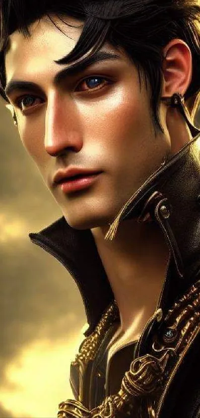 Fantasy character with dark hair in ornate jacket on golden background.