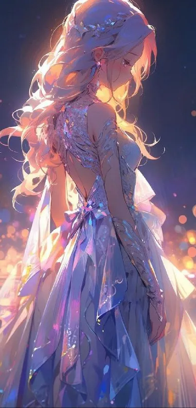 Elegant fantasy character in glowing dress at night.