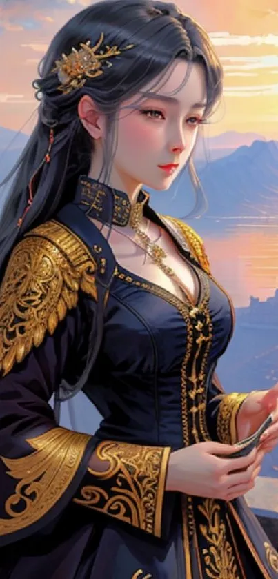 Elegant fantasy character with sunset backdrop.