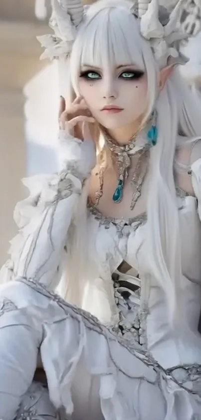 Elegant fantasy cosplay portrait in white costume with intricate details.