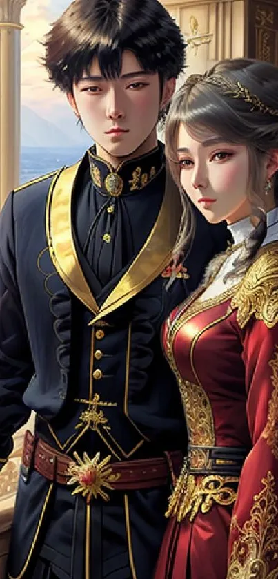 Fantasy couple in elegant attire on wallpaper.