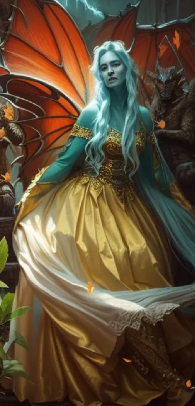 Mystical creature with orange wings and foliage in fantasy art wallpaper.