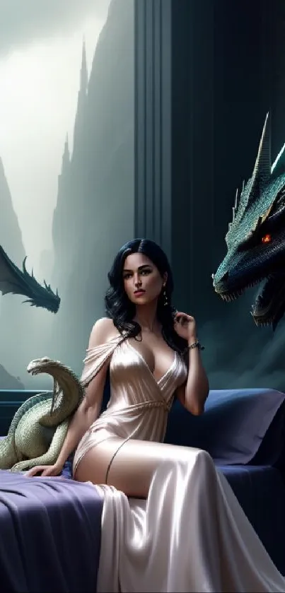 Elegant woman with two dragons in a mystical fantasy setting.