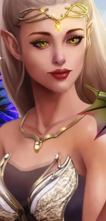 Fantasy elf with golden eyes on phone wallpaper.