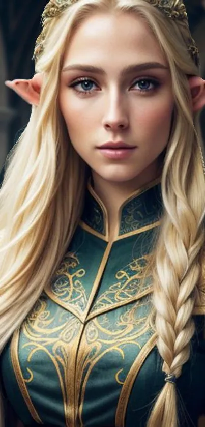 Fantasy elf portrait in elegant green and gold attire with braided hair.