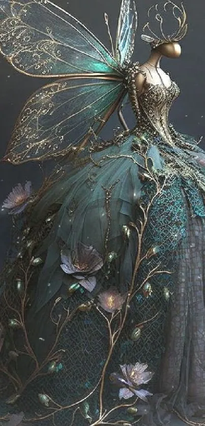 Elegant fantasy fairy in a teal dress with intricate wings.