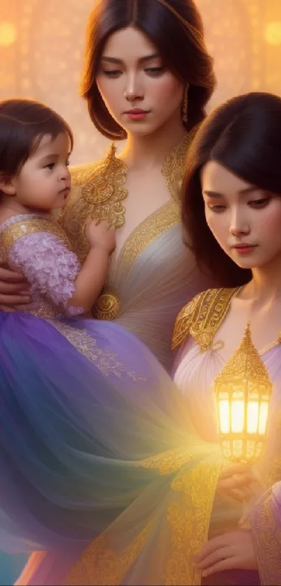 An elegant fantasy family portrait with warm amber lighting and traditional attire.