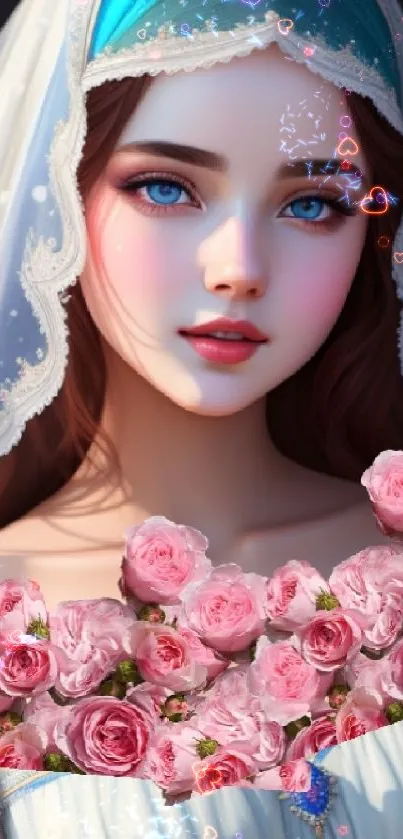 Fantasy art wallpaper with floral dress and blue eyes.