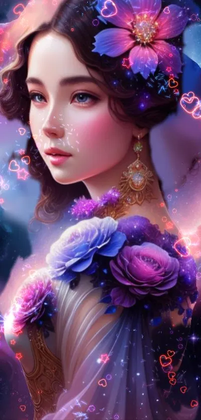 Dreamy fantasy portrait with flowers in vibrant colors on a mobile wallpaper.