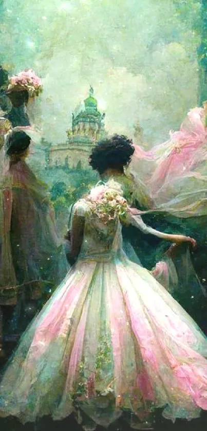 Elegant fantasy scene with gowns and garden in dark green hues.