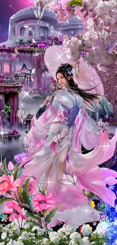 Elegant fantasy garden wallpaper with blossoms and an ethereal figure.