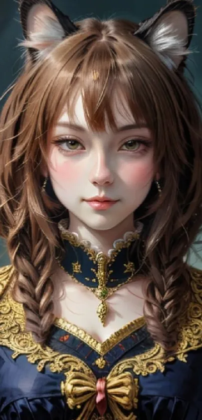 Fantasy girl with cat ears, braided hair, intricate clothing.