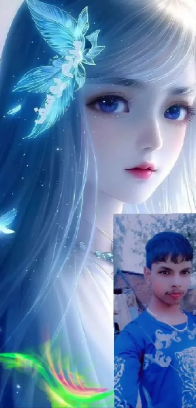 Fantasy girl with blue hair and butterflies on wallpaper.