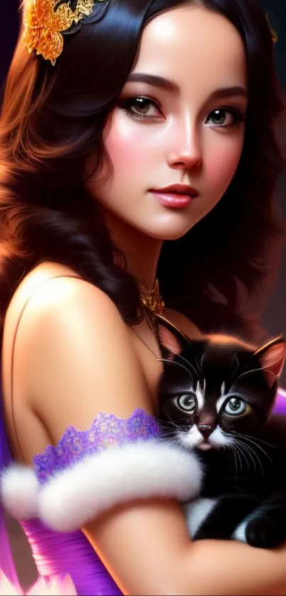 Beautiful fantasy girl holding a cute cat, set against a vibrant purple background.