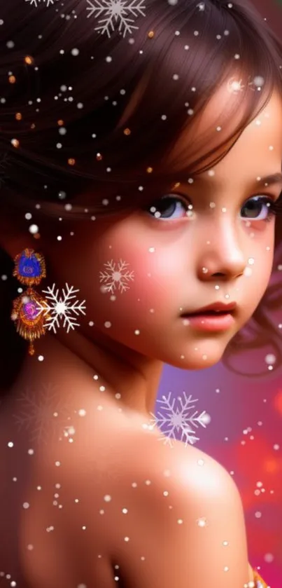 Fantasy art wallpaper of a girl with colorful snowflakes.