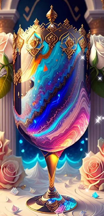 Elegant goblet and roses in vibrant fantasy art.