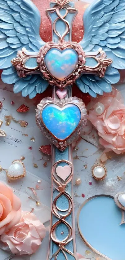 Fantasy heart cross with wings and roses wallpaper.