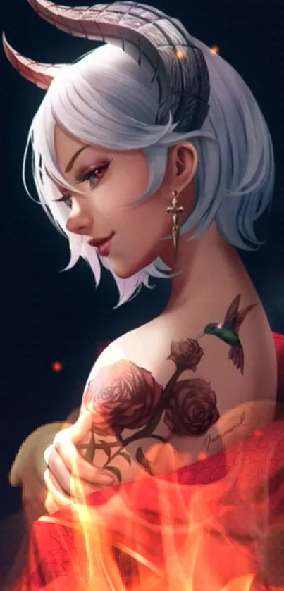 Fantasy horned girl with white hair, tattoo, and flames on a dark background.