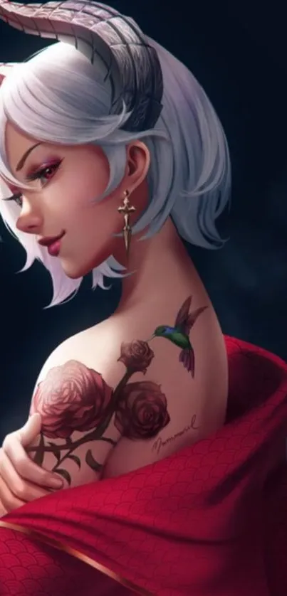 Enchanting horned woman with rose tattoo in a fantasy artwork.