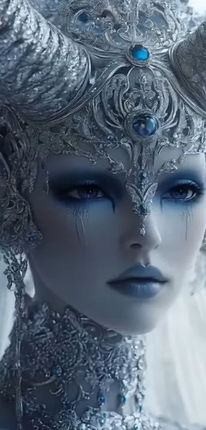 Fantasy ice queen with silver details and blue hues.
