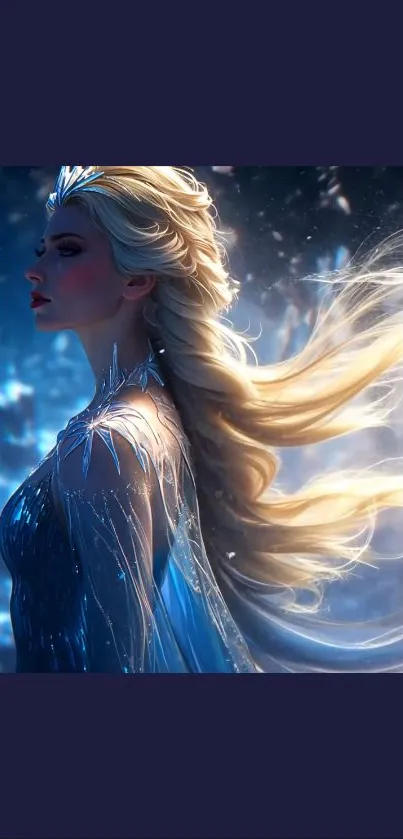 Fantasy ice queen with flowing hair in a stunning, ethereal blue setting.