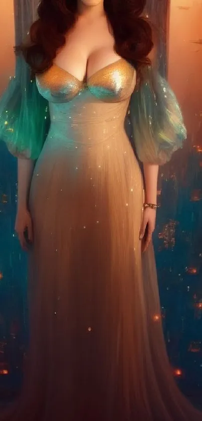 Elegant fantasy lady in a golden gown with a magical background.