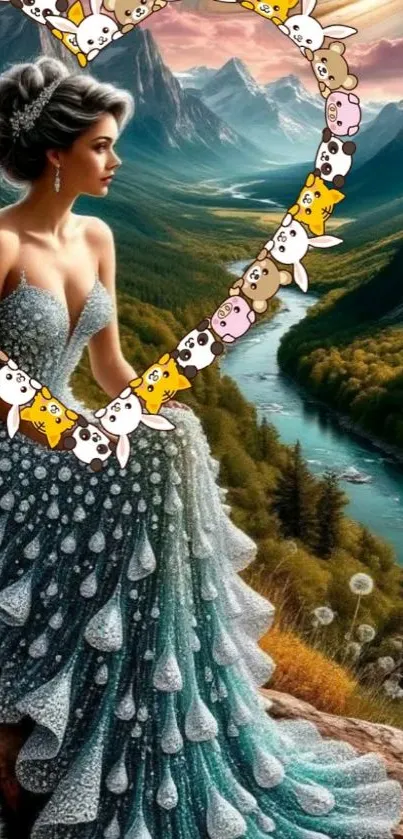 A woman in an elegant dress overlooks a fantasy mountain landscape.