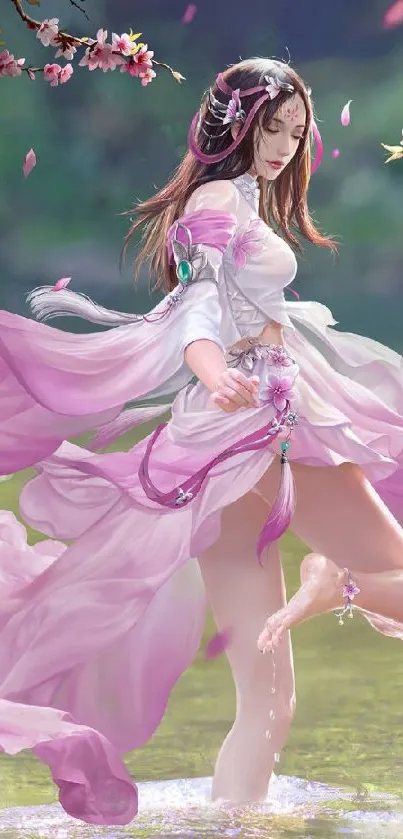 Fantasy maiden in lilac robe with floral backdrop.