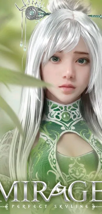 Fantasy character with silver hair in green attire, mobile wallpaper.