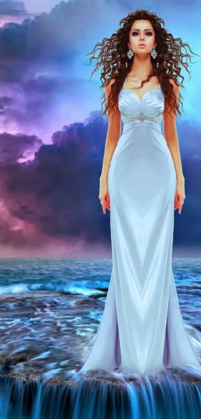 Fantasy woman in white gown standing on ocean with colorful, dramatic sky.