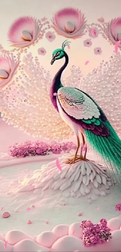 Fantasy peacock in pink landscape wallpaper