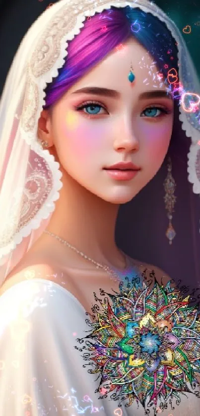 Elegant fantasy portrait with vibrant colors of a beautifully adorned woman.